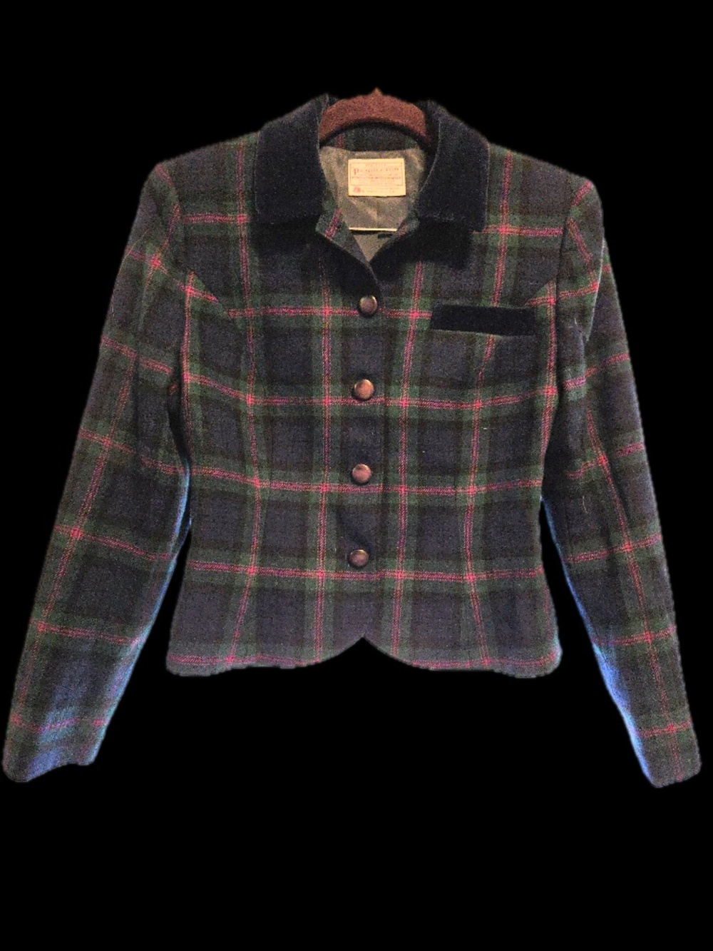 Vintage Pendleton Wool Plaid Petite Blazer with a Velvet Collar and Pocket Trim